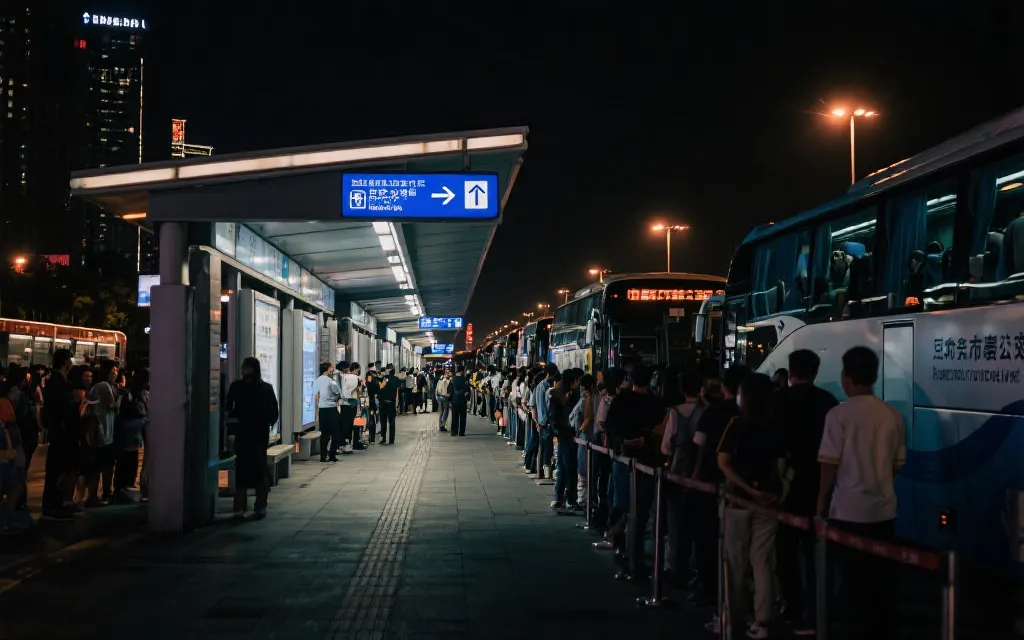 球迷在地铁站台与接驳指引牌前有序排队，步行街灯光氛围