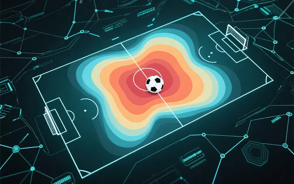 足球比赛AI数据可视化：热区图与传球网络叠加在球场示意图上