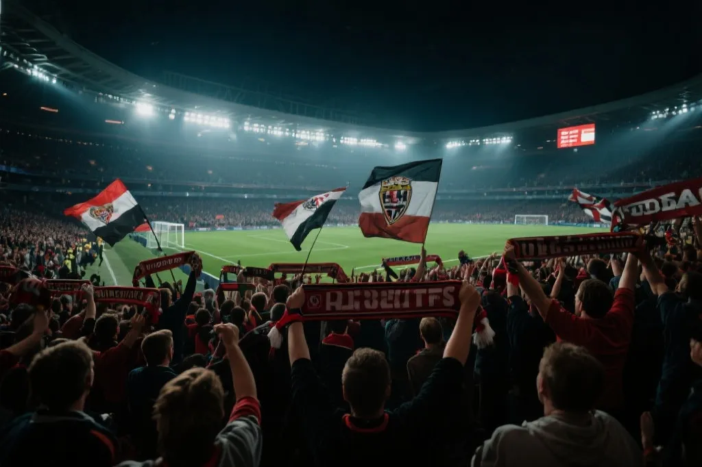 世界杯比赛现场看台欢呼与旗帜飘动的震撼氛围
