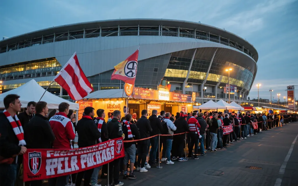 球迷在球场外排队入场、赛前嘉年华与安检动线的场景