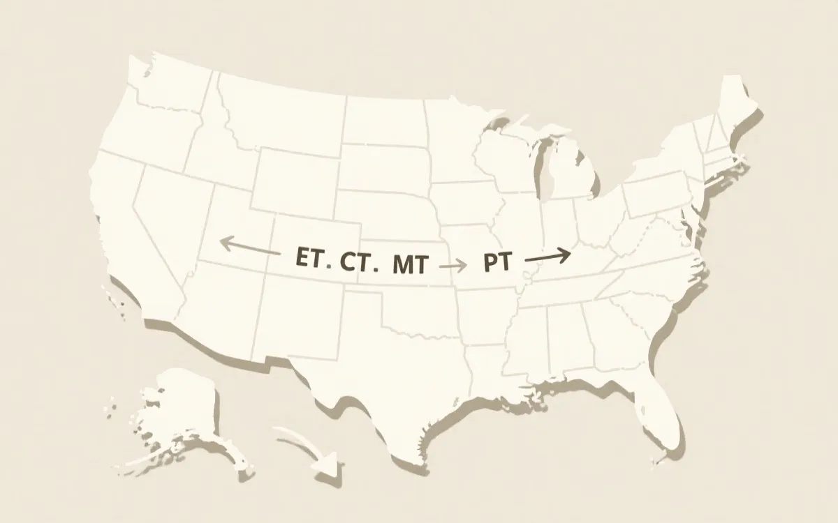 美国四大时区的极简地图风格插画，标注ET/CT/MT/PT与时差箭头